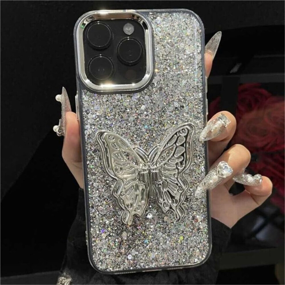 Butterfly Bracket Bling Sequin Glitter Phone Case Silver 9152228042858