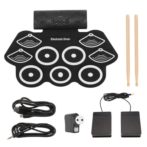 Beginner Drum Kit Electronic Drum Set with Roll-Up Drum Pad Built-In Stereo Speakers, Headphone Jack Adjustable Volume Recording Function Portable