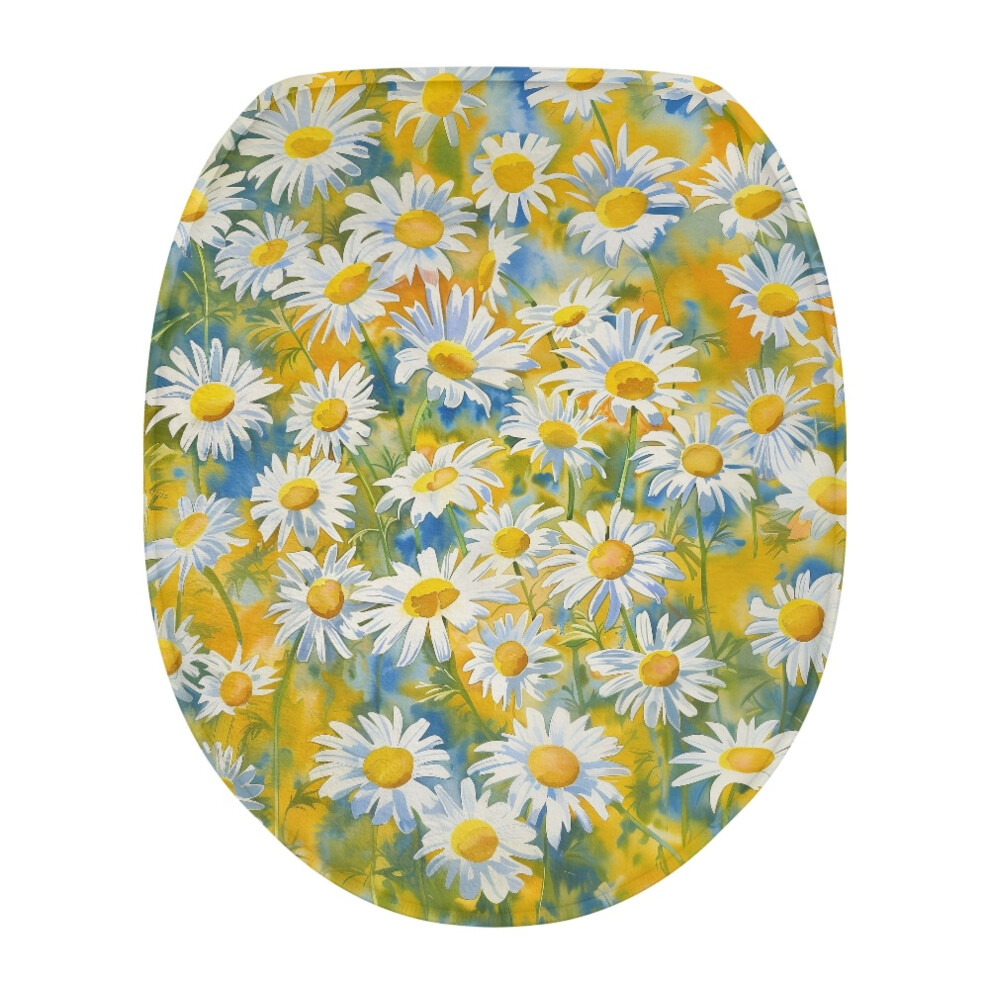 Soft Thicker Flannel Daisy Toilet Lid Covers With Elastic Bottom Â Decorative Round/Elongated, Compatible With Standard Toilets 9341593611473