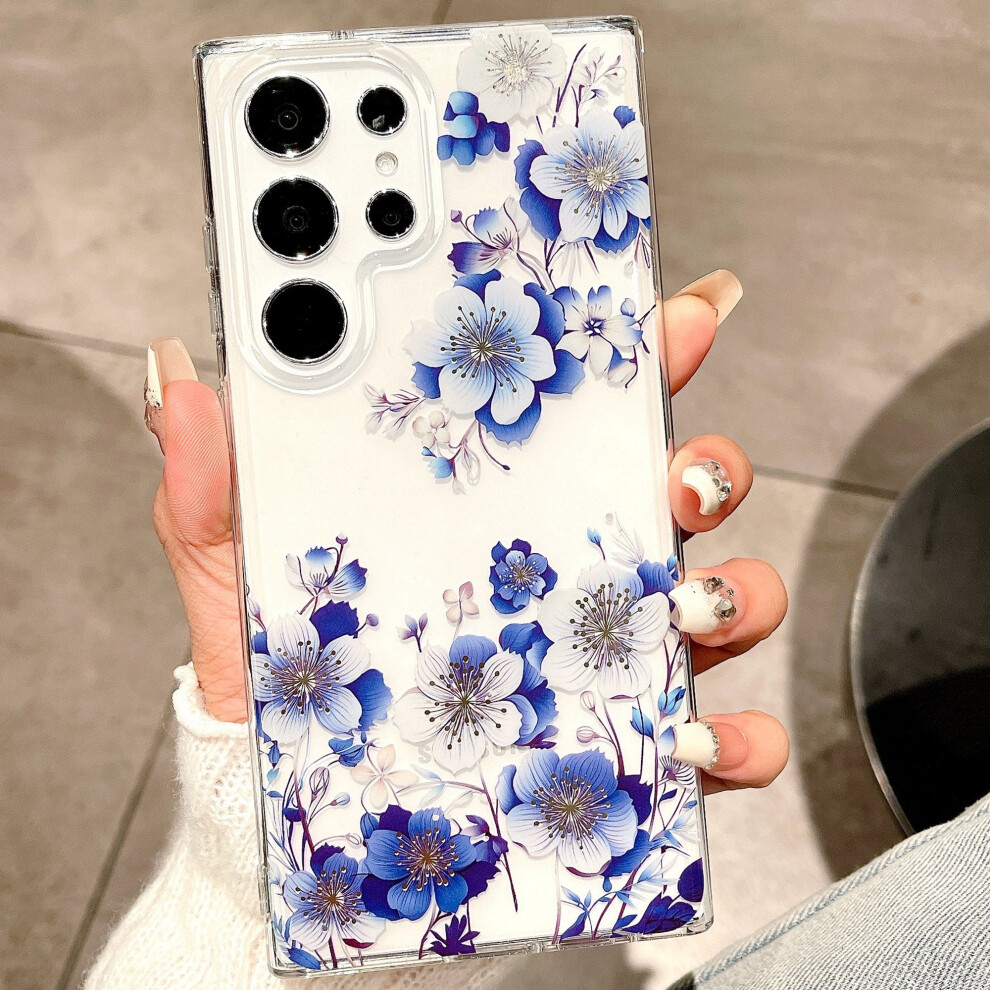 Case For Compatible With Samsung Galaxy S24 Ultra Case Clear With Design Slim Protective Soft Tpu Bumper Embossed Pattern, Flower Blue 9341593612425