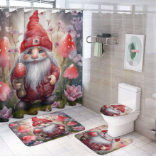 Valentine's Day Gnome 4-Pc Bathroom Set: Shower Curtain, Non-Slip Rug, Toilet Lid Cover & Bath Mat – Waterproof, Durable Decor
