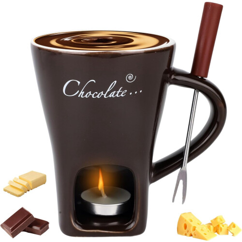 Ceramic fondue cup with fork and candle set