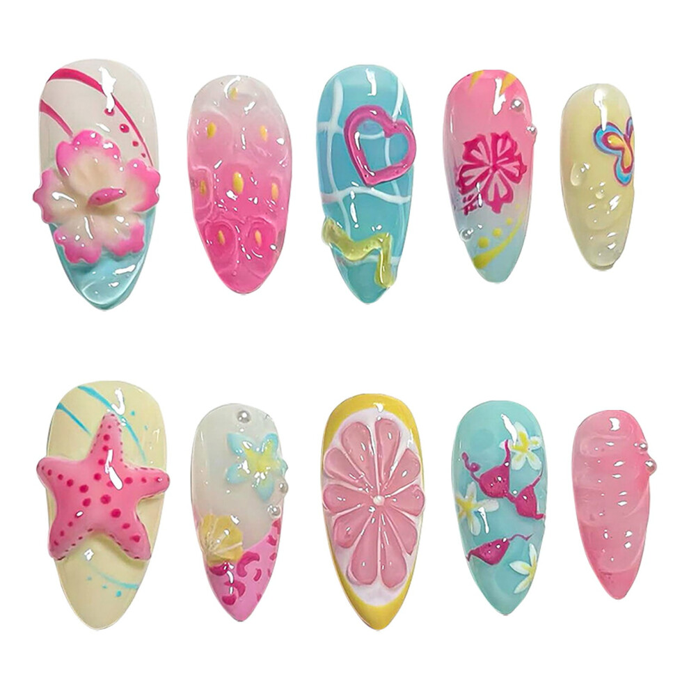 White 30Pcs Summer Press-On Nails, Medium Almond, 3D Flower/Starfish/Heart/Butterfly Designs, Ocean Beach Theme, Pearl Floral, For Women Â Compatible With