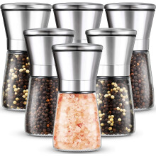 6-Piece Stainless Steel Salt & Pepper Grinder Set, Adjustable Coarseness, Refillable, Compatible with Sea Salt & Peppercorns