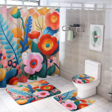 4-Piece Shower Curtain Set with Non-Slip Rugs & Toilet Mat – Colorful Abstract Floral Watercolor Print, Waterproof