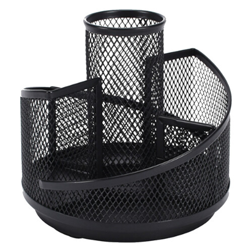 Rotating Pencil Holder Black Metal Mesh 5-Compartment 360