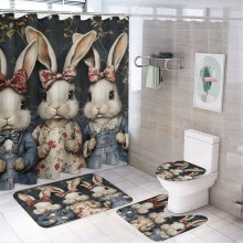 Vintage Bunny Shower Curtain Set (4 pcs) with Bath Mat, Toilet Lid Rug & 12 Hooks – 72"x72", Easter Decor