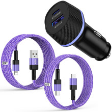3-Pack 48W PD&QC Type-C Car Charger w/ Cables (6ft & 10ft), Compatible with iPhone & Android