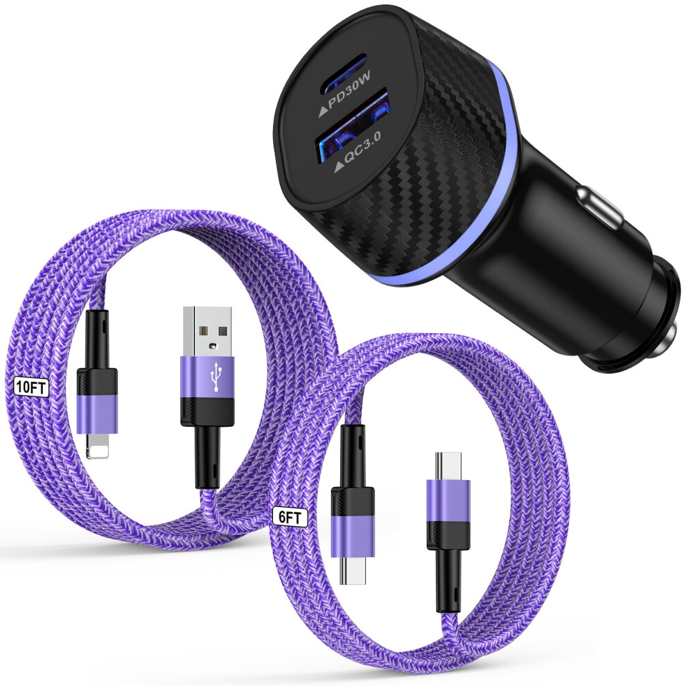 3-Pack 48W Pd&Qc Type-C Car Charger W/ Cables (6Ft & 10Ft), Compatible With Iphone & Android 9130661053181