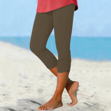 Women's Capri Leggings Khaki Elastic Knee-Length Summer