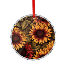 Rustic Gold Red Wood Sunflower Christmas Ornament Round