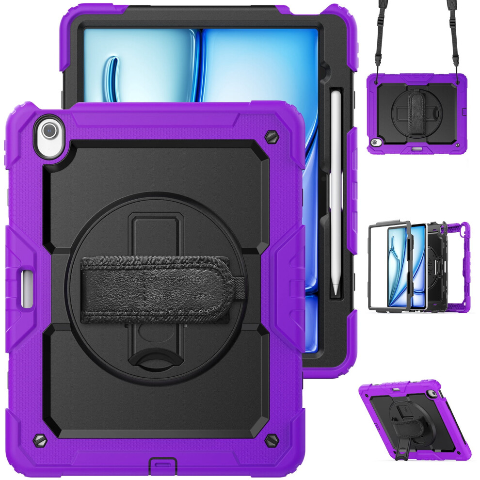 Full Body Case For Compatible With Ipad Air 13" (2025/2024): Shockproof 3-Layer, Screen Protector, 360 Stand, Pencil Holder & Strap Â Purple 9341593615426