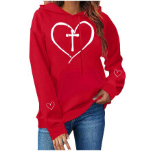 Christian Red Heart Cross Hoodie for Women Soft Fleece