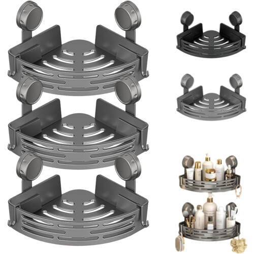 Suction Cup Corner Shower Shelf, No-Drill Rustproof Bathroom Storage Rack, Compatible with Smooth Surfaces (Gray, 3PCS)