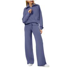 Autumn Winter Womens Two Piece Tracksuit Outfit Half Zip Lapel Sweatshirt and Wide Leg Pants with Pockets for Daily Wear