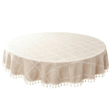 47" Round Tassel Plaid Tablecloth, Cotton Linen, 120cm Dia, for 60-80cm Tables, Elegant Home/Restaurant/Hotel Use