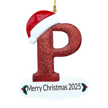 Christmas Letter Ornaments 2025,Personalized Initial White Glitter Letters Hat Ornaments,Merry Christmas Pendant for Xmas Tree Wedding Home Decor (P)
