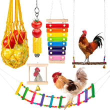 6Pcs Chicken & Parrot Toys Set: Wood Swing, Feeder, Xylophone, Mirror, Bell, Ladder – Compatible with Chickens, Parrots, Birds