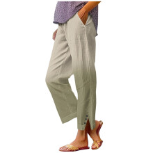 Womens Khaki Ombre Cropped Pants, Elastic Waist Capris Lounge Pants with Side Slit & Pockets, Relaxed Fit Pull On Casual Pants,Size 2XL