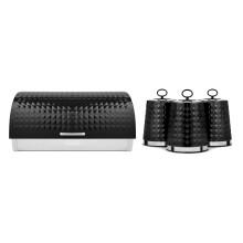 Tower Solitaire Roll Top Bread Bin and Set of 3 Canisters, Mirror Finished Steel Lid with Round Loop, Airtight, Black, EEJB283