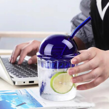 Tasse à café en verre de 450 ml (15 oz) avec couvercle bombé et paille – Gobelet réutilisable à large ouverture, en verre borosilicate, prêt