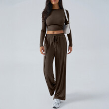 Zweiteiliges Damen-Set mit Raffungen, Langarmshirt und weit geschnittener Hose, Braun, Größe XL