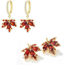 2PC Fall Earrings for Women,Red Maple Leaf Earrings Fall Leaf Earrings Set,Fall Zircon Maple Huggie Earrings Leaf Stud Statement Earrings
