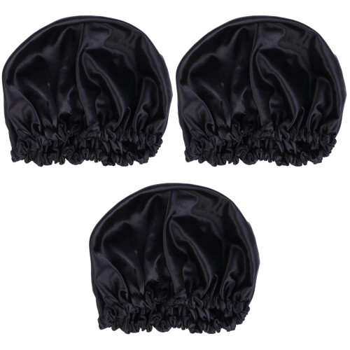 3Pcs Black Women Sleeping Cap Solid Color Hair Care Hat 2
