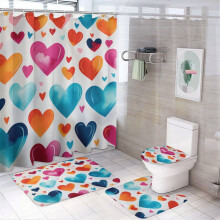 4-Pc Shower Curtain Set w/ Rugs, Toilet Lid Cover & Bath Mat – Colorful Romantic Hearts Design (72"x72")