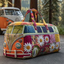 Hippie Van Quilted Duffle Bag, Hippie Journey Quilted Duffle Bag, Vintage Floral Travel Weekender Bag Gym Bags (16*8*8inch, T)