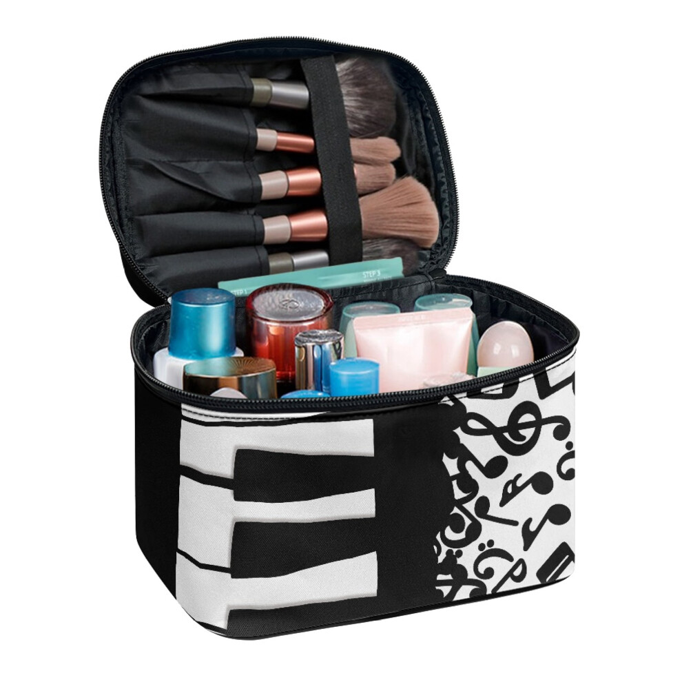Piano Musical Note Patterns Portable Travel Toiletry Makeup Bag Large Capacity Travel Cosmetic Organizer with Brush Slots Friends