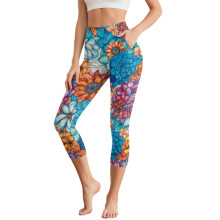Kukkakuvioiset treenileggingsit naisille, urheilulliset caprileggingsit, joogahousut, korkeavyötäröiset joogacaprit taskuilla, XL