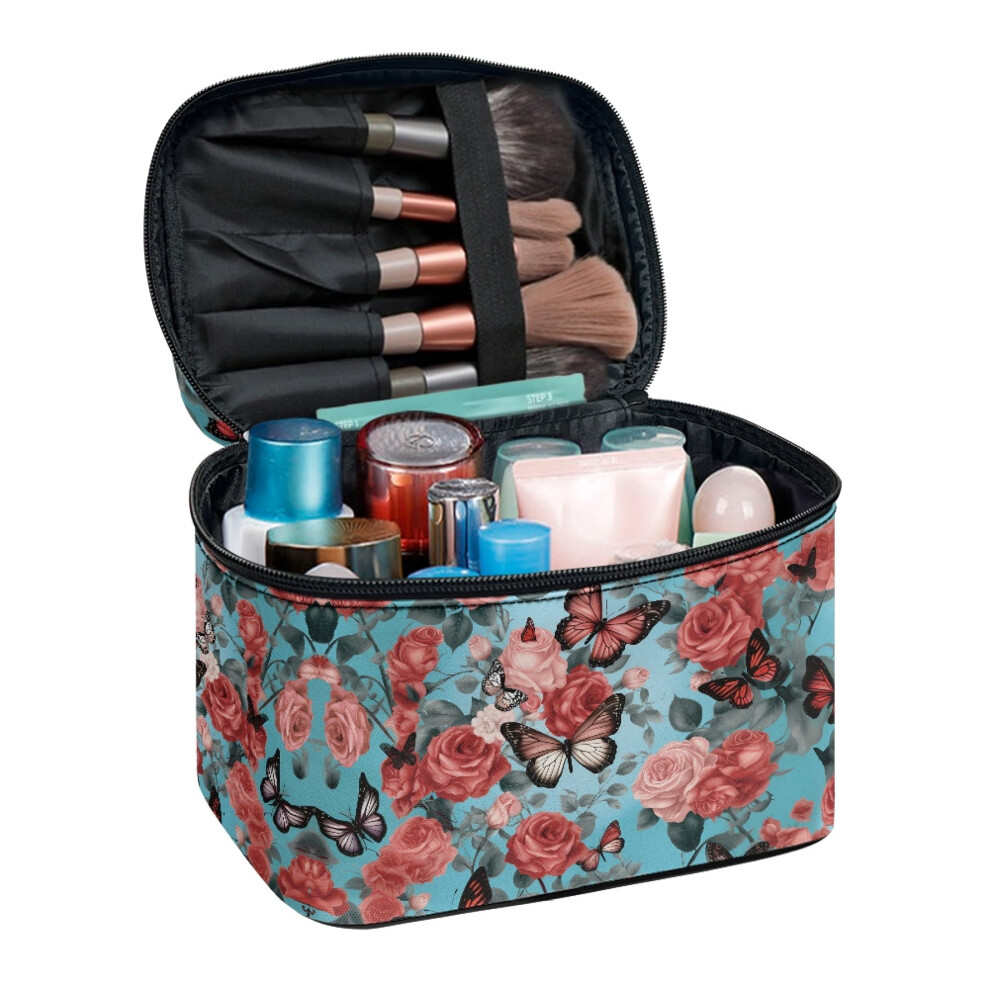 (8.86"x6.5"x5.9") Double Layer Travel Makeup Bag for Women Her With Zipper & Handle Portable Traveling Rose Butterfly