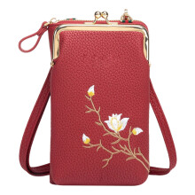 Women's leather crossbody wallet with embroidery,