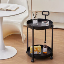 Double-Tier Black Rolling Bar Cart with Wheels, Grips & Round Design – Compatible with Home, Bedroom, Balcony