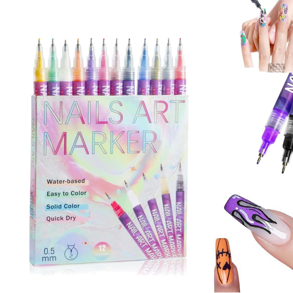 12-Color Nail Art Pens Set â Quick-Drying Acrylic Markers, Dotting & Liner Brushes for DIY Nails â Home & Salon Use