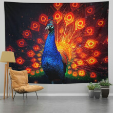 Fantasy Peacock in Full Display Pattern Tapestry, Vibrant Peacock Feather Wall Art for Bedroom, Living Room, Dorm, or Apartment Decor - 60x50in
