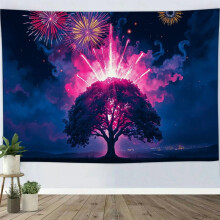 Fantasy Flames Tree Tapestry, Plains Night Sky Fireworks Show Wall Art for Bedroom, Living Room, Dorm, or Apartment Decor - 90x60in