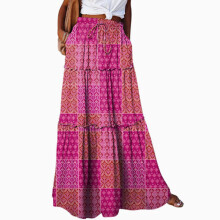 Women's Bohemian floral skirt elastic high waist fuchsia XL