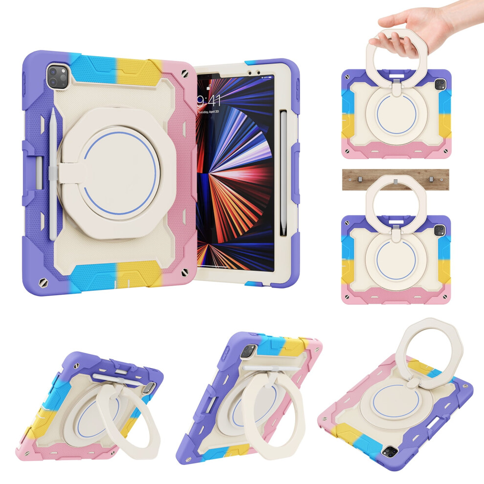 Heavy Duty Shockproof Case For Ipad Pro 12.9" (2022/2021/2020/2018, 6Thâ3Rd Gen), Rotatable Kickstand & Rainbow Pink 9362892409554