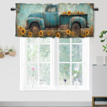 Teal Sunflower Truck Kitchen Valance Curtains, Rustic Farmhouse Style, 54x18 in, 1 Panel, Rod Pocket