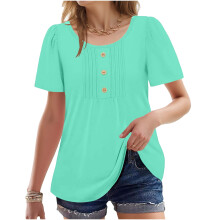 Damebluse med puffermer, mintgrønn, avslappet passform, kort ermet med asymmetrisk kant, pustende sommertunika, størrelse S