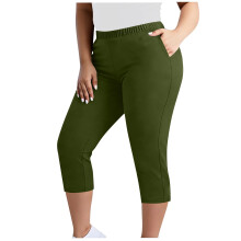 Women's Plus Size Army Green Capri Pants Slim Fit Elastic