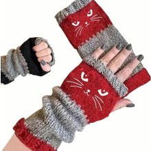 Women's knitted cat fingerless gloves, winter cozy knit