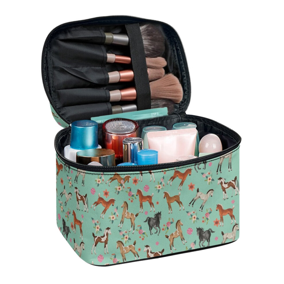 Horse and Flower Pattern Portable Travel Cosmetic Bags Mom Double Zipper Multi-Function Makeup Organizer Wide-open