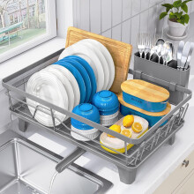 Large Kitchen Dish Drying Rack with Drainboard, Cup & Cutlery Holders, Gray – Compatible with Standard Sinks
