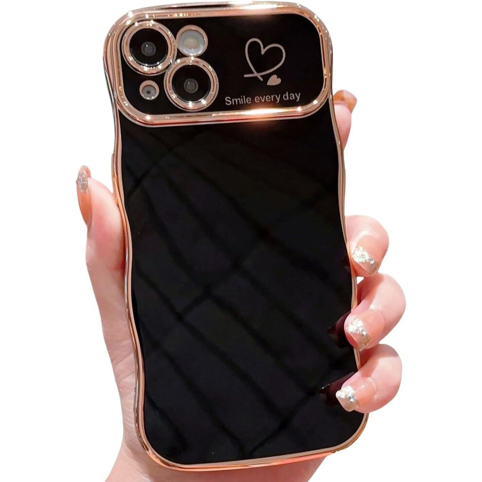 Cute Wave Frame Iphone 15 Plus Case For WomenâLove Heart, Raised Camera, Luxury Plating, Shockproof (Black) Black 9405492397736