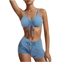 Gestreiftes Bikini-Set für Damen mit verstellbarem Kordelzug – schnelltrocknend und mit Quasten zum Binden, blau, Größe XL
