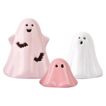 Juego de decoración de fantasmas de cerámica brillantes (3 piezas) – Decoración de Halloween en tonos pastel con luces LED, compatible con