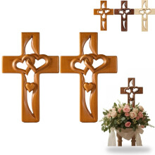 Hand-Carved Wooden Cross with Intertwined Hearts Natural